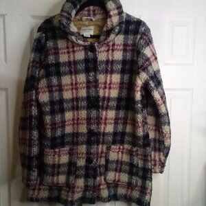 Sabrina Lauren Fleece Jacket Women L Fluffy Long Sleeve Button Up White Black